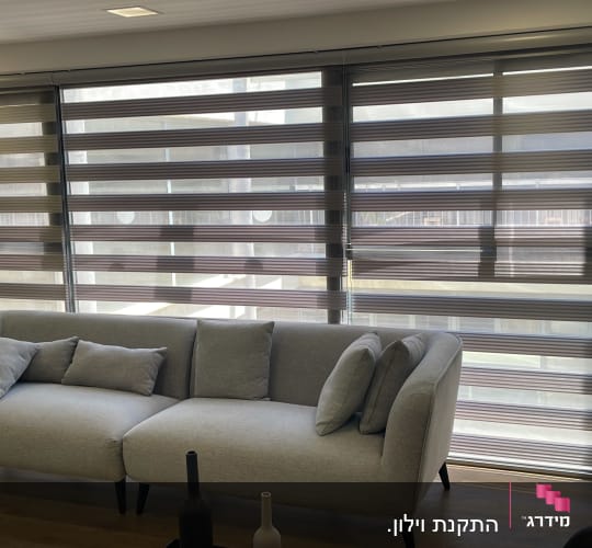 וילונות זברה אפורים בסלון מודרני עם ספה אפורה